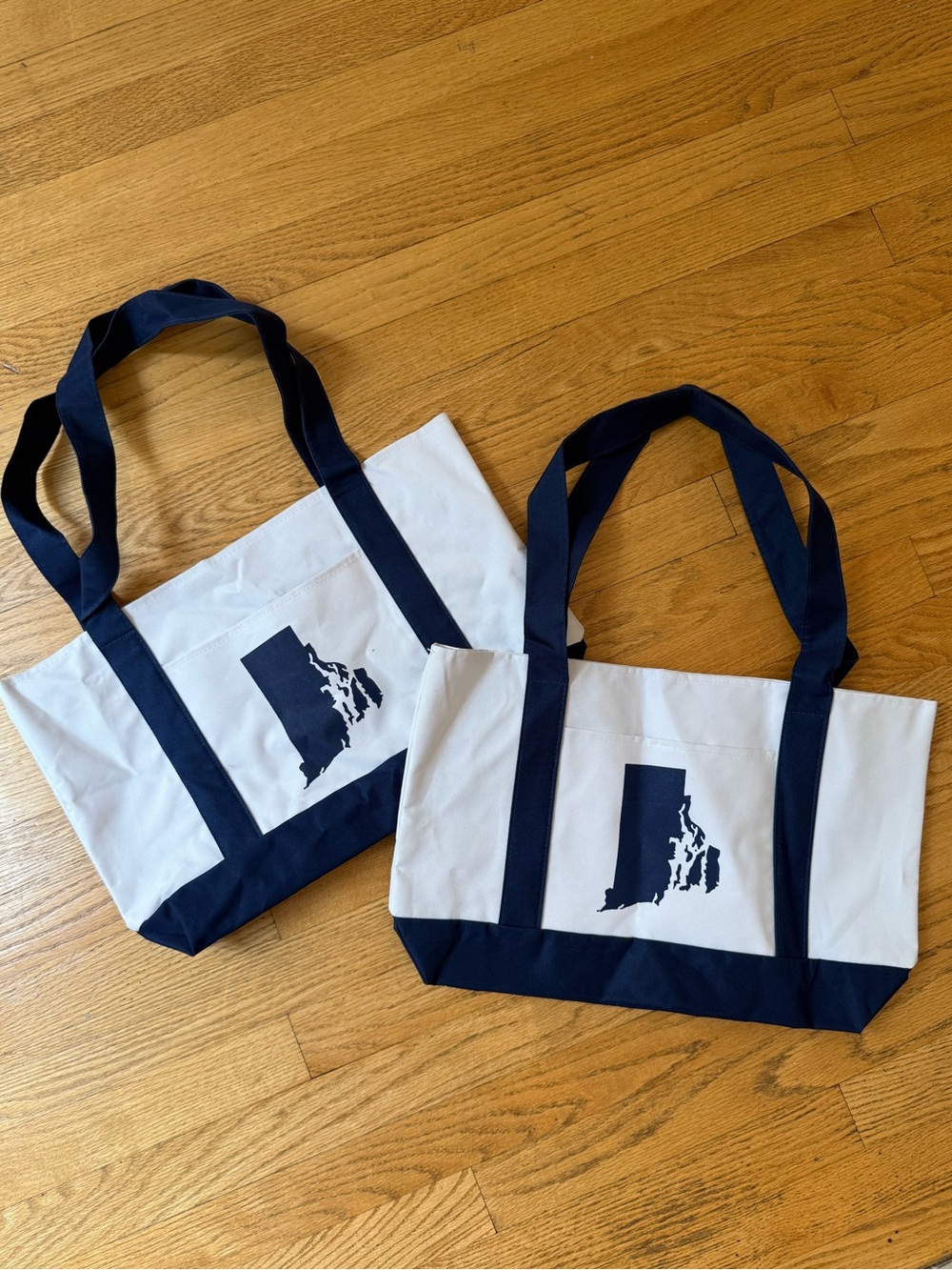2 Tote Bags with Navy Trim and Rhode Island State Graphic (set of 2)